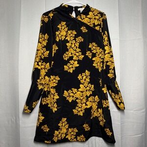 Topshop Mini Dress 8 Black Yellow Floral High Neck Keyhole Back